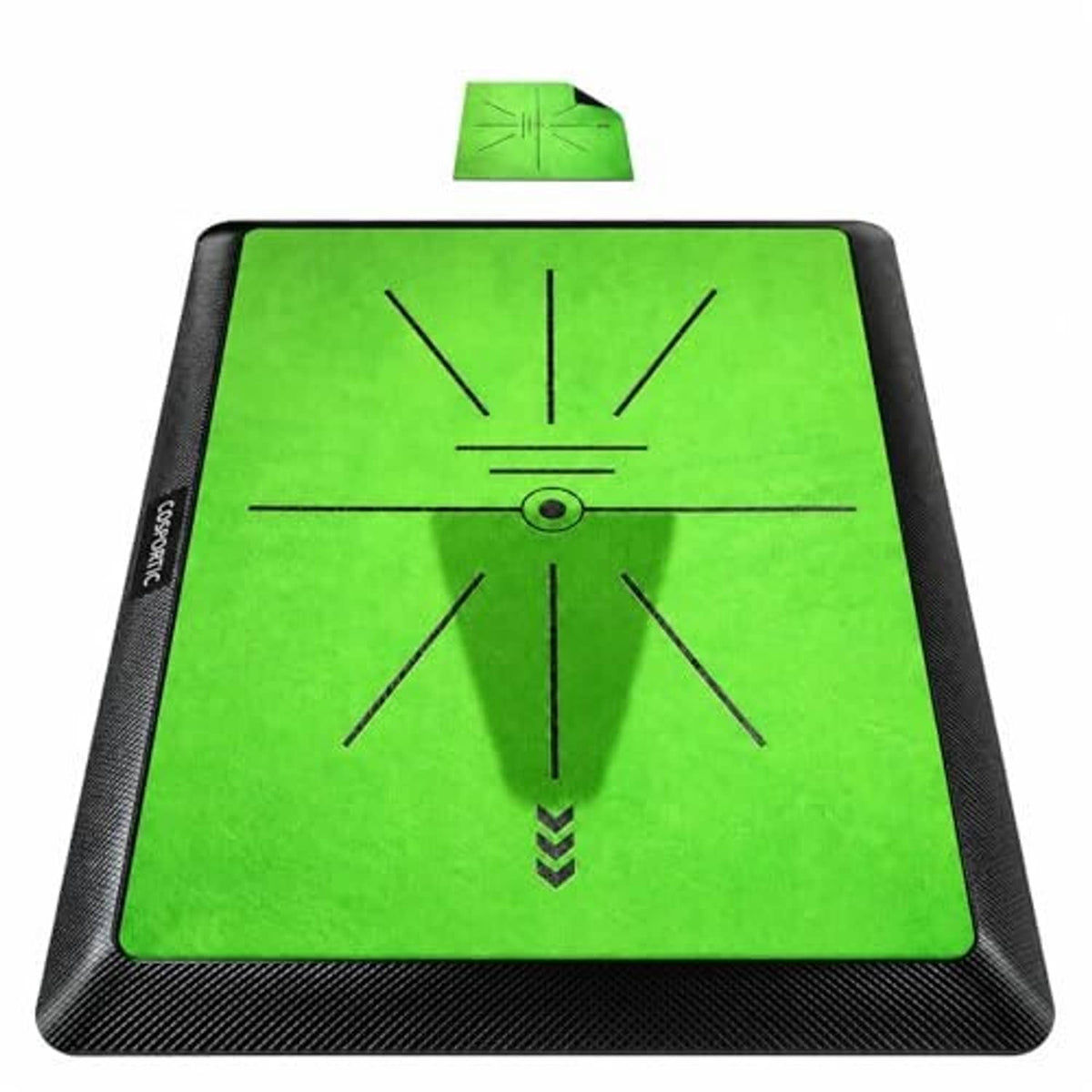 Green golf practice mat with center target ring and radial swing guide lines