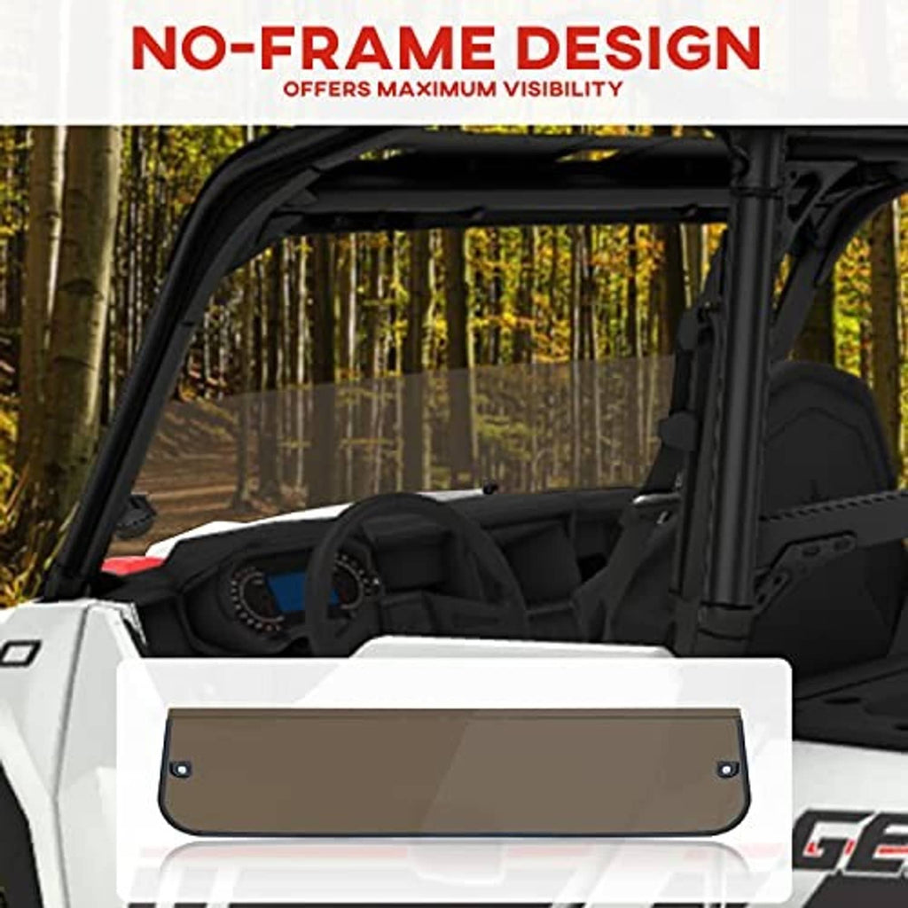 Dark tinted half windshield panel on vehicle interior, frameless front design