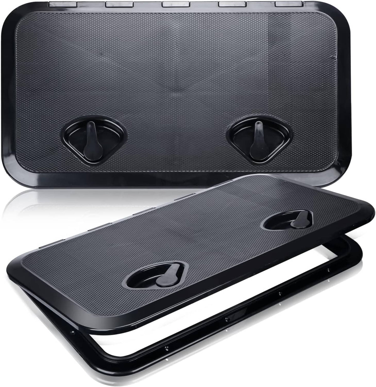 Black marine deck hatch cover, open and closed views with recessed lifting handles