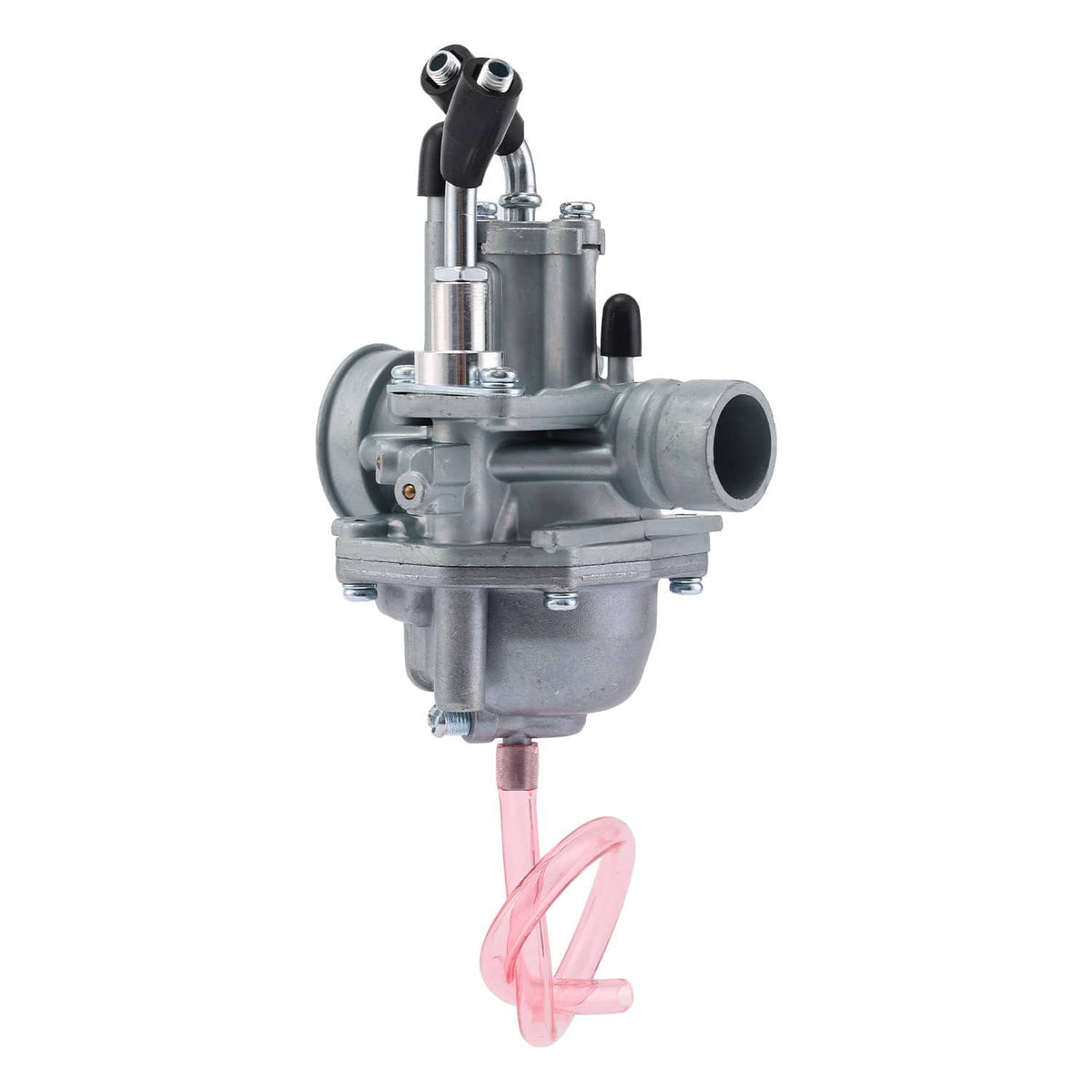 Carburetor assembly with intake port and fuel line, metal body with black hoses