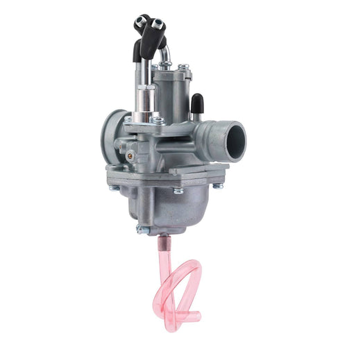 Carburetor assembly with intake port and fuel line, metal body with black hoses