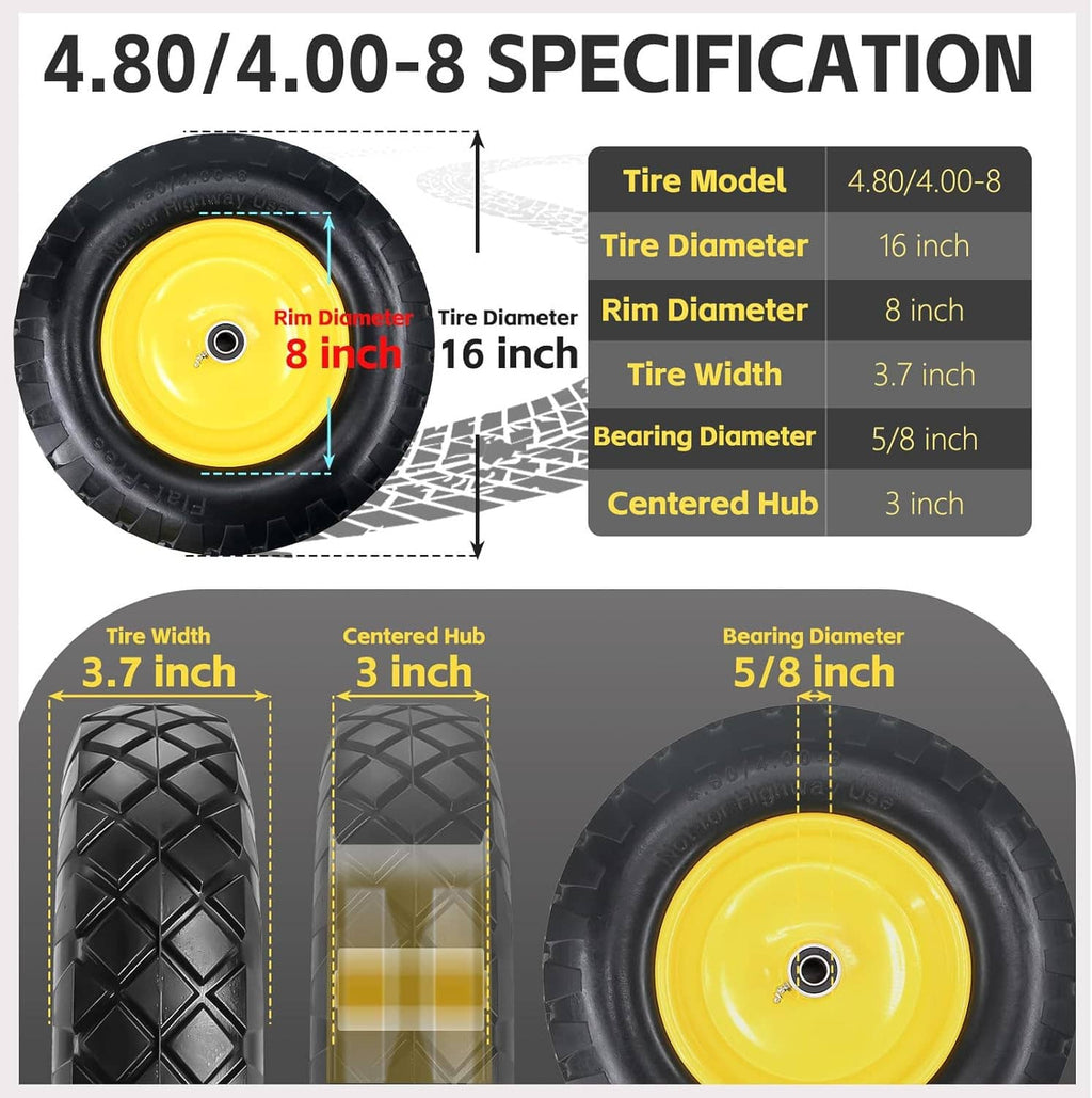4.80/4.00-8 solid wheelbarrow tire with yellow rim and black tread, measurement diagram