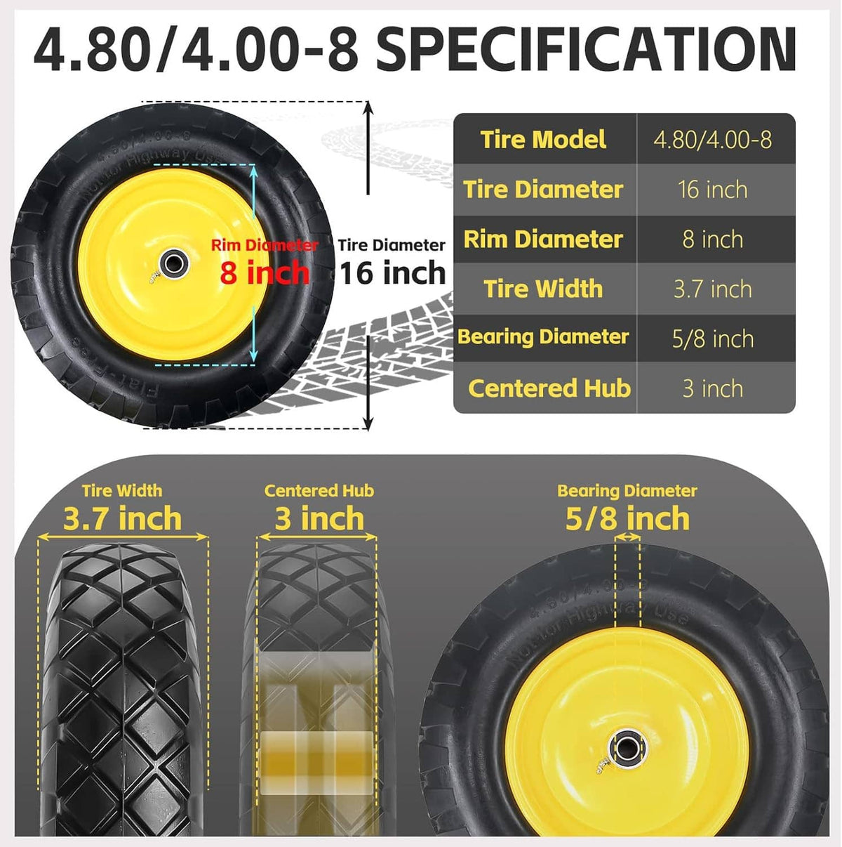 4.80/4.00-8 solid wheelbarrow tire with yellow rim and black tread, measurement diagram
