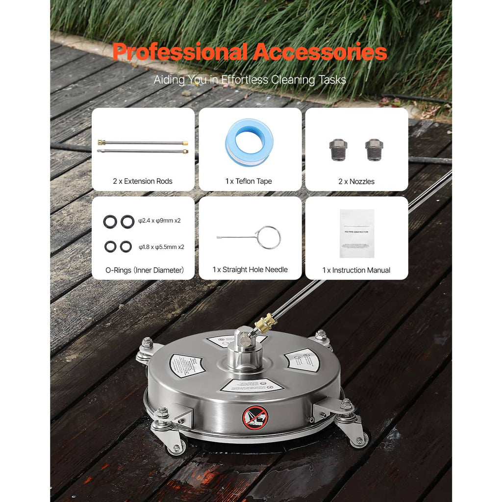 Surface cleaner kit with base and extension rods, Teflon tape, and extra nozzles