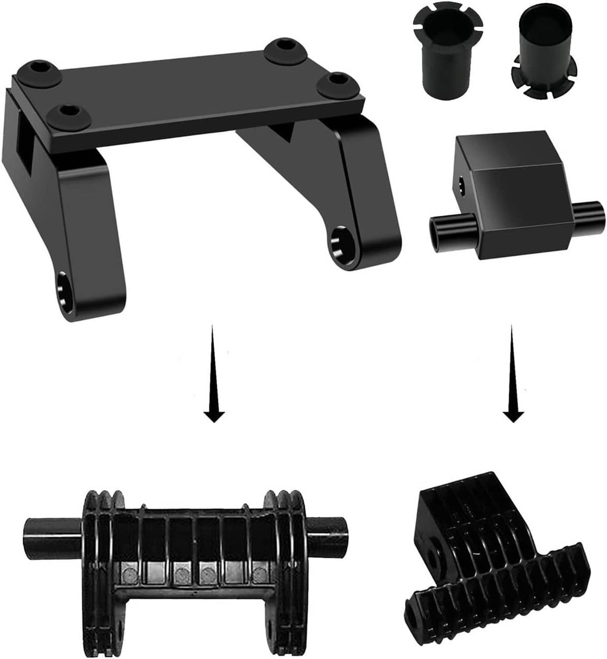 Black metal drive toggle and clevis mount components with brackets and rubber-like boots