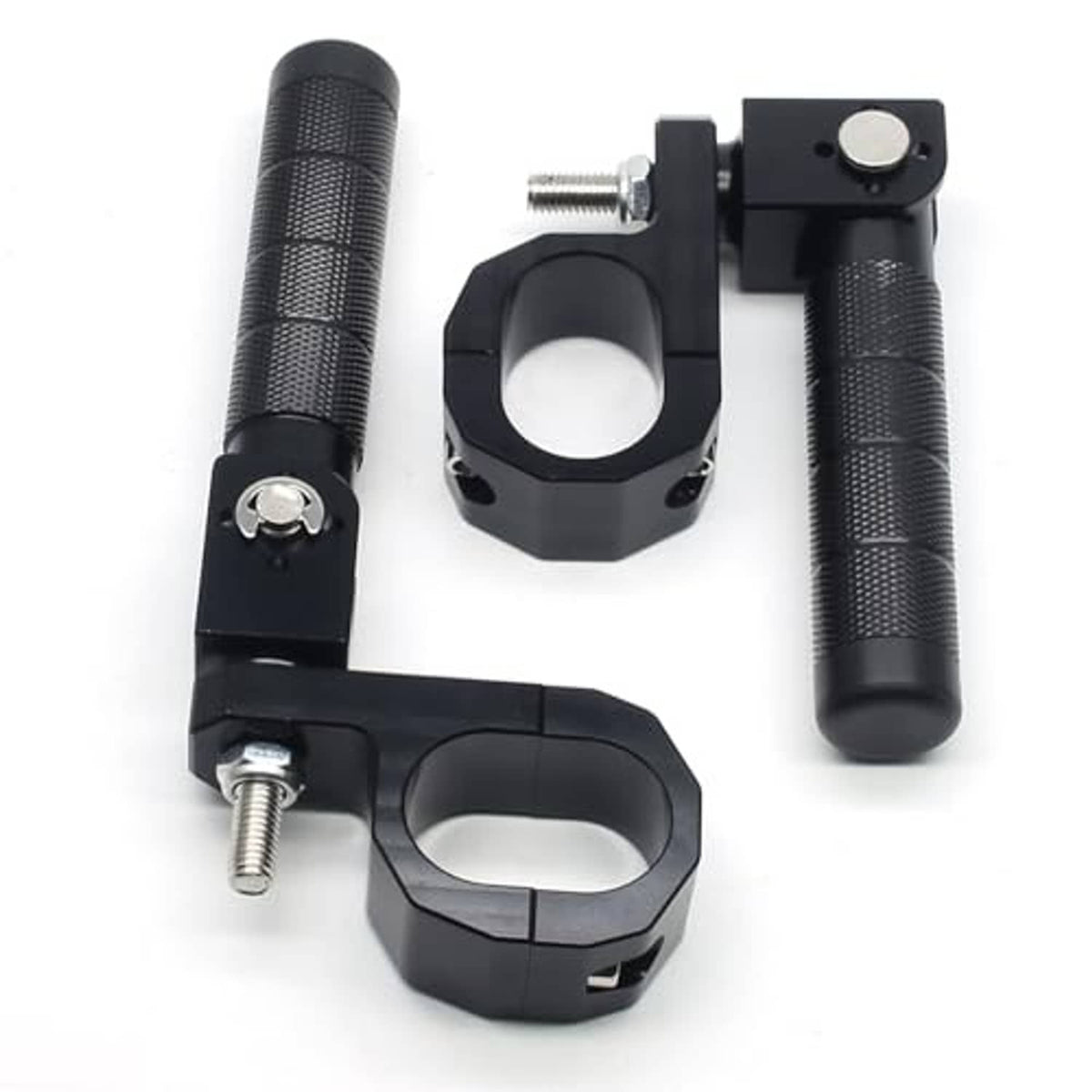 Motorcycle passenger folding footrest set, black textured grips and mounting brackets with silver screws.
