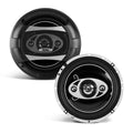 Black car door speaker pair with two 6.5-inch coaxial drivers and grilles