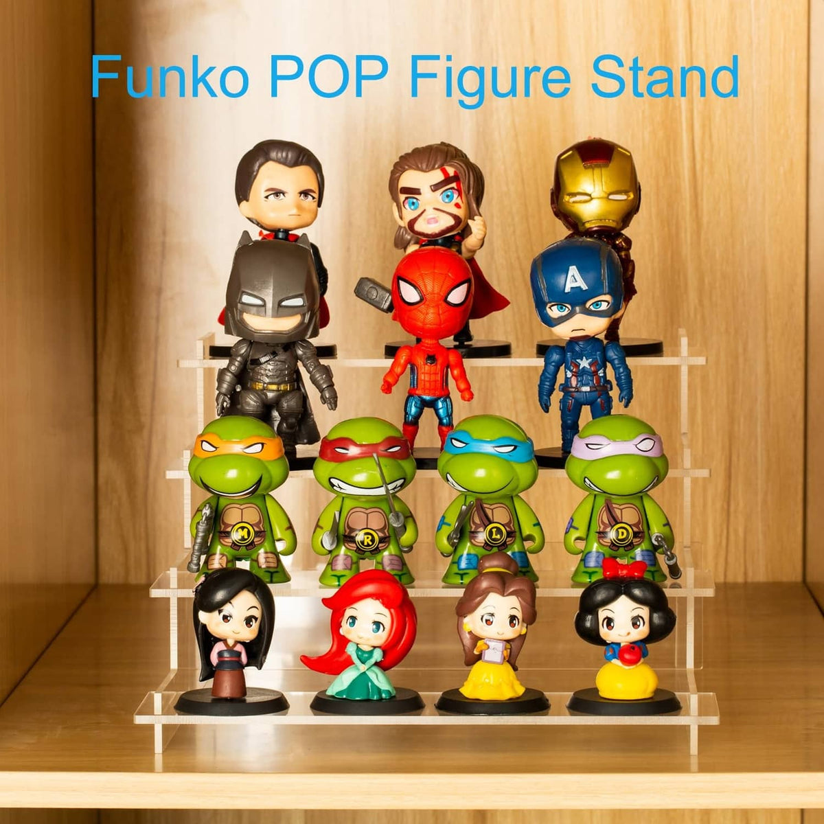 Clear 4-tier display riser with stepped shelves holding collectible figures