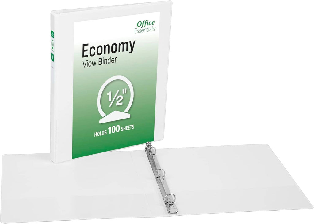 White economy view binder with 1/2 inch round rings, shown with pages inserted