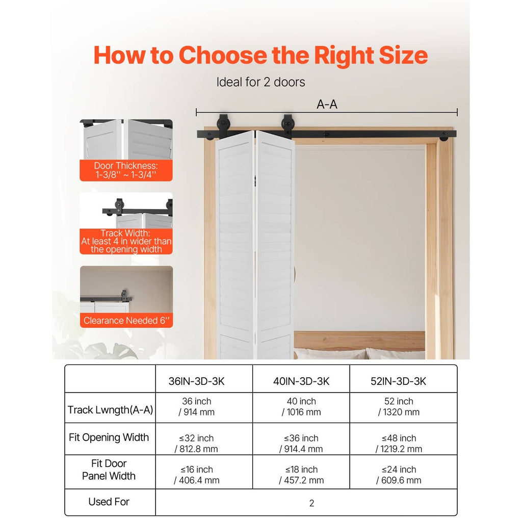 Barn door track size selection diagram for two-door bi-fold hardware
