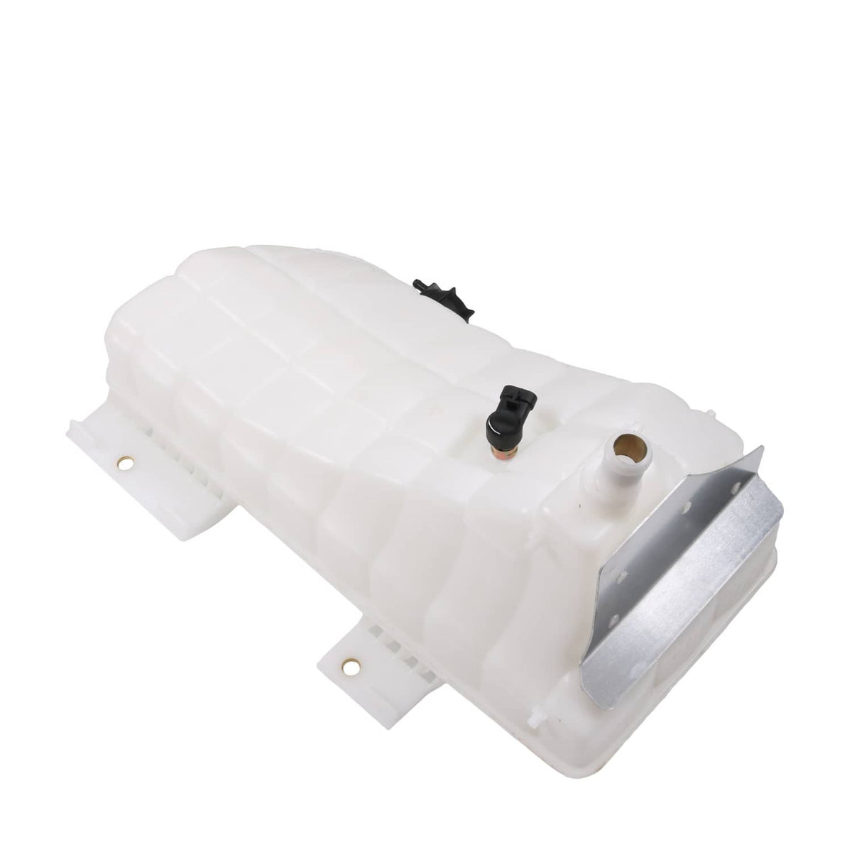 Coolant reservoir bottle tank, white plastic with sensor and metal bracket plate