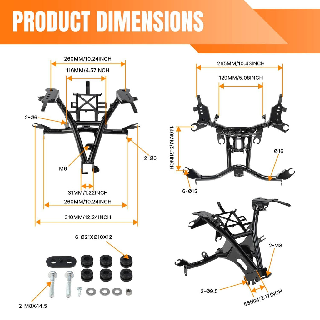 Black motorcycle headlight fairing stay bracket with labeled product dimensions diagram