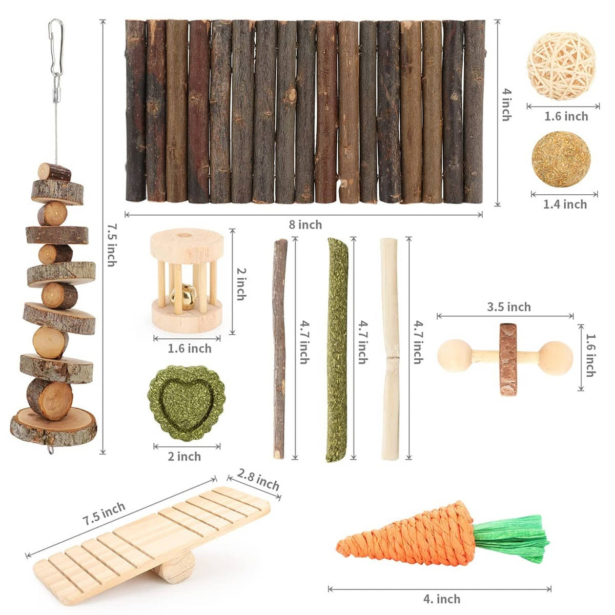 Natural wood cage accessory set: hanging chew tower, log bridge ramp, carrot, sticks, hay balls