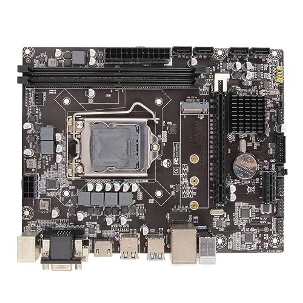 Top view black LGA motherboard with CPU socket, heatsinks, and rear port panel
