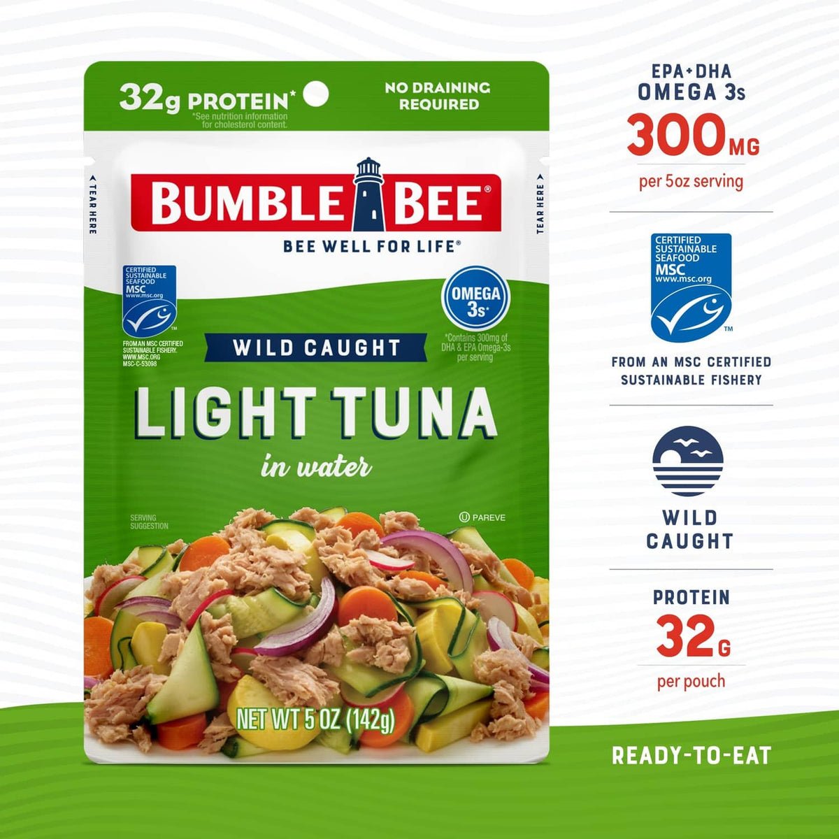 Bumble Bee light tuna in water pouch with 32g protein and no draining required