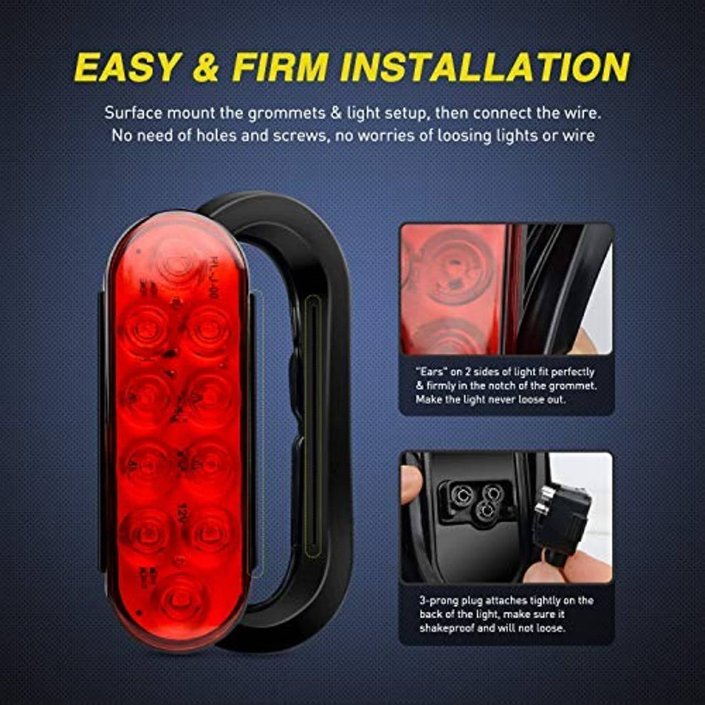 6-inch oval red LED trailer tail light with black rubber grommet, surface mount
