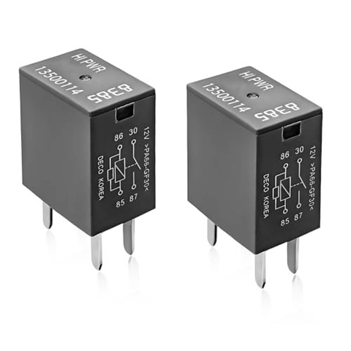 Black 12V car relay module with two metal pins, pair shown from an angle
