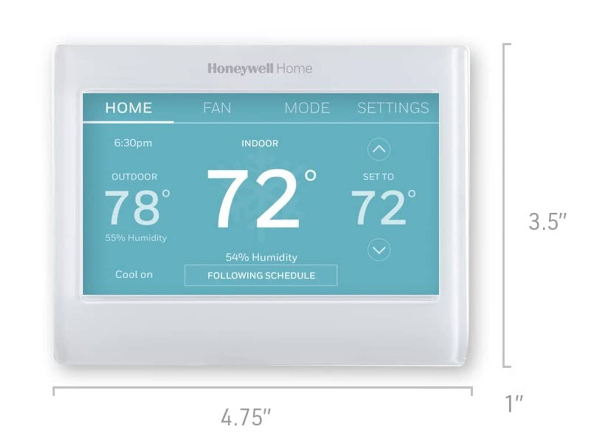 White smart thermostat with Honeywell Home screen showing 78° and 72°