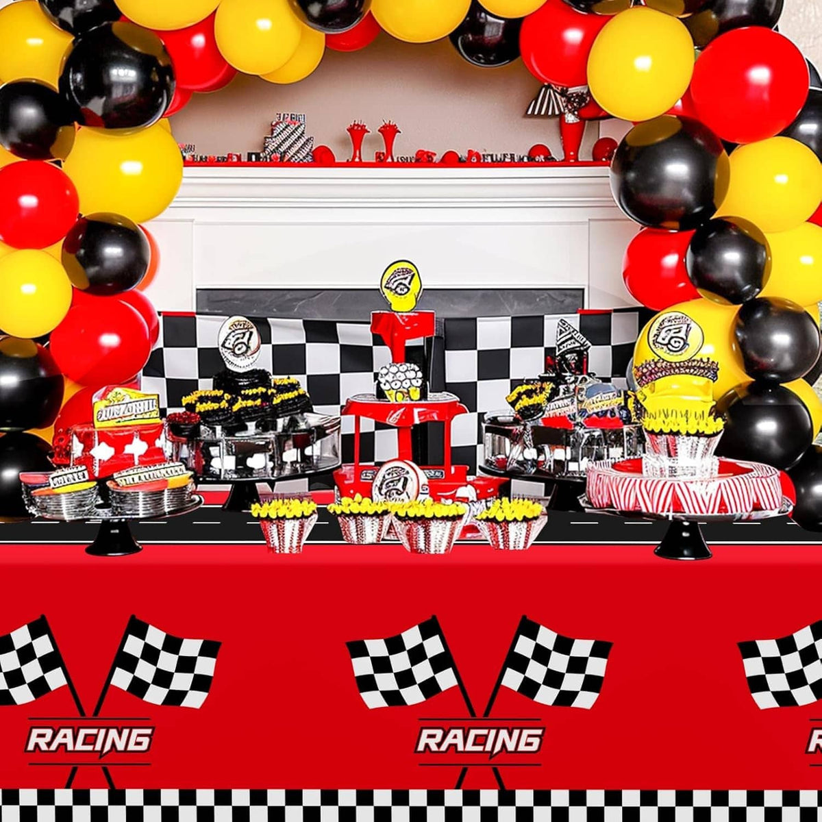 Racing-themed tablecloth with red surface and repeating checkered flags and Racing logos