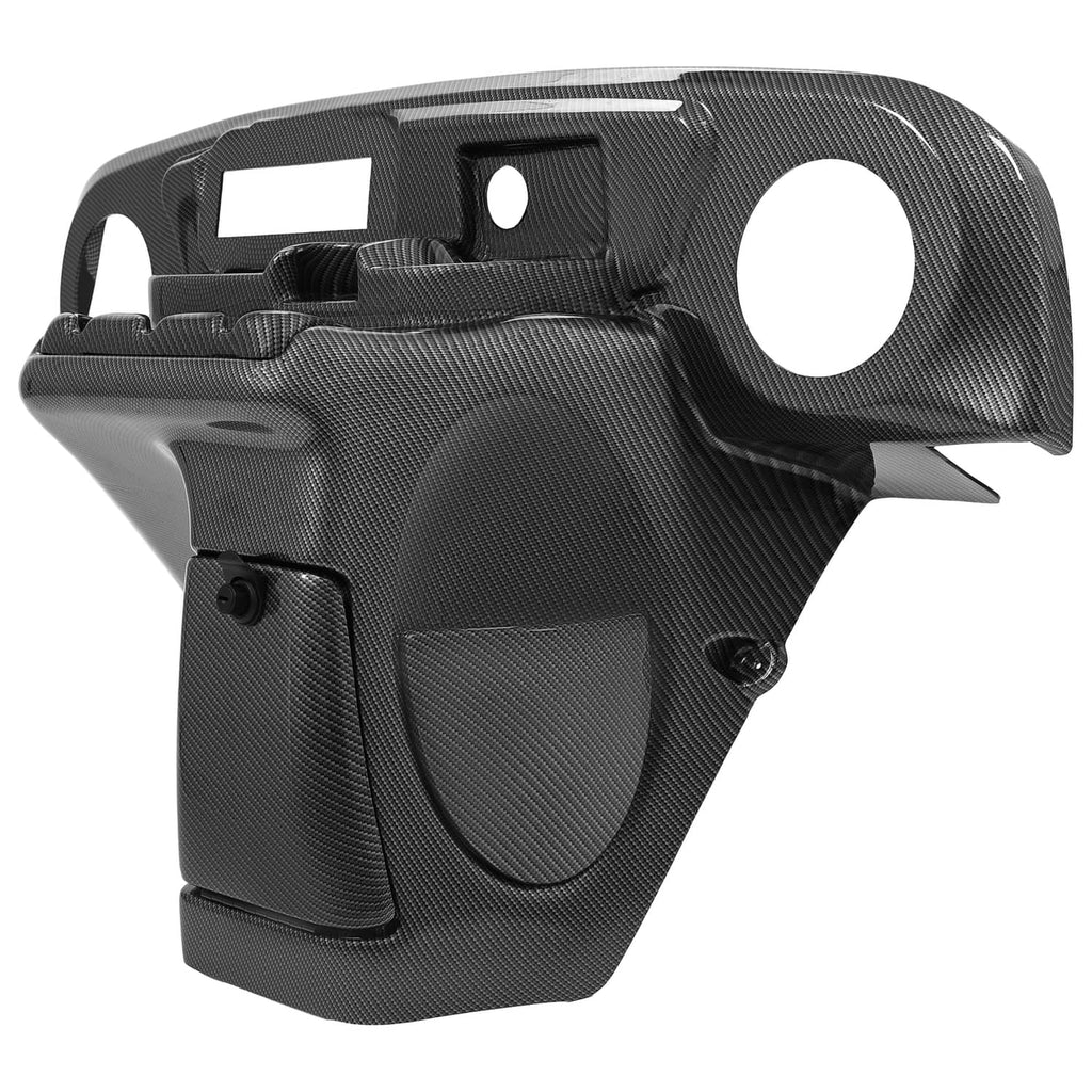 Carbon-fiber style dash panel with radio speaker cutout and front mounting points