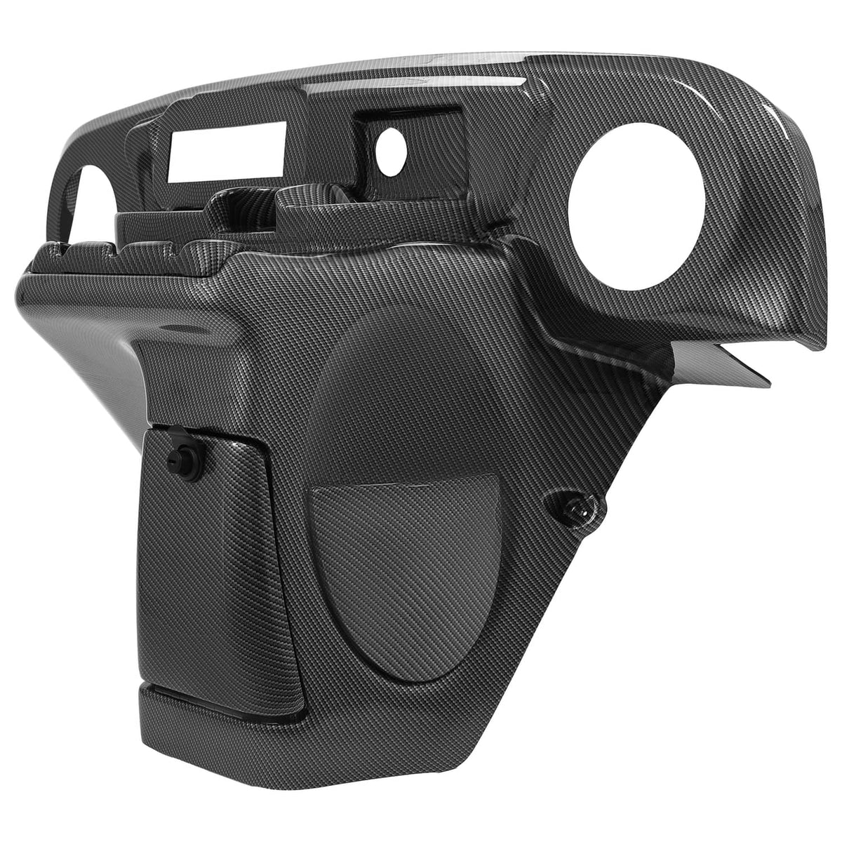 Carbon-fiber style dash panel with radio speaker cutout and front mounting points