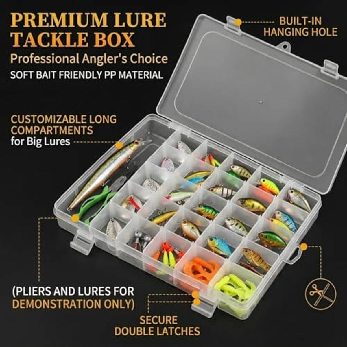 Clear plastic tackle organizer box with grid compartments and built-in hanging hole