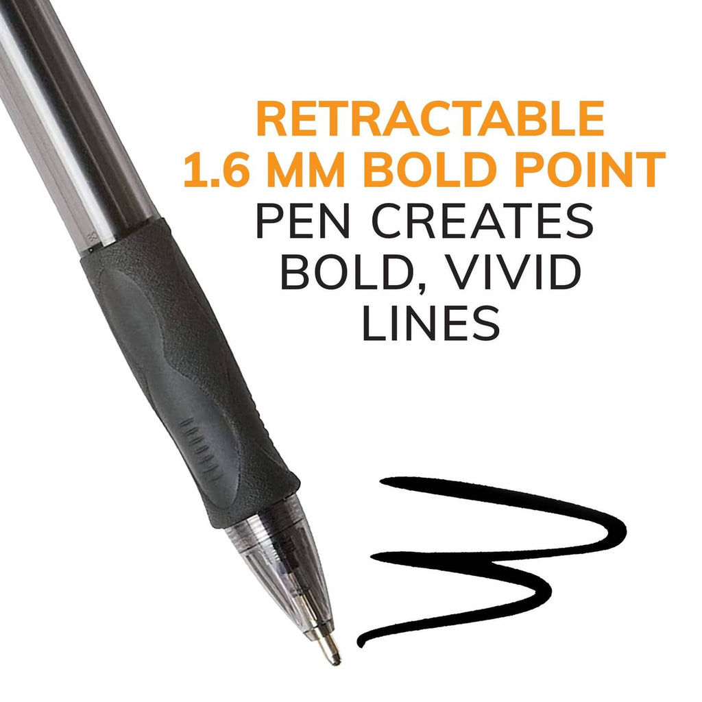 Close-up of a retractable black ballpoint pen tip creating a bold ink line.