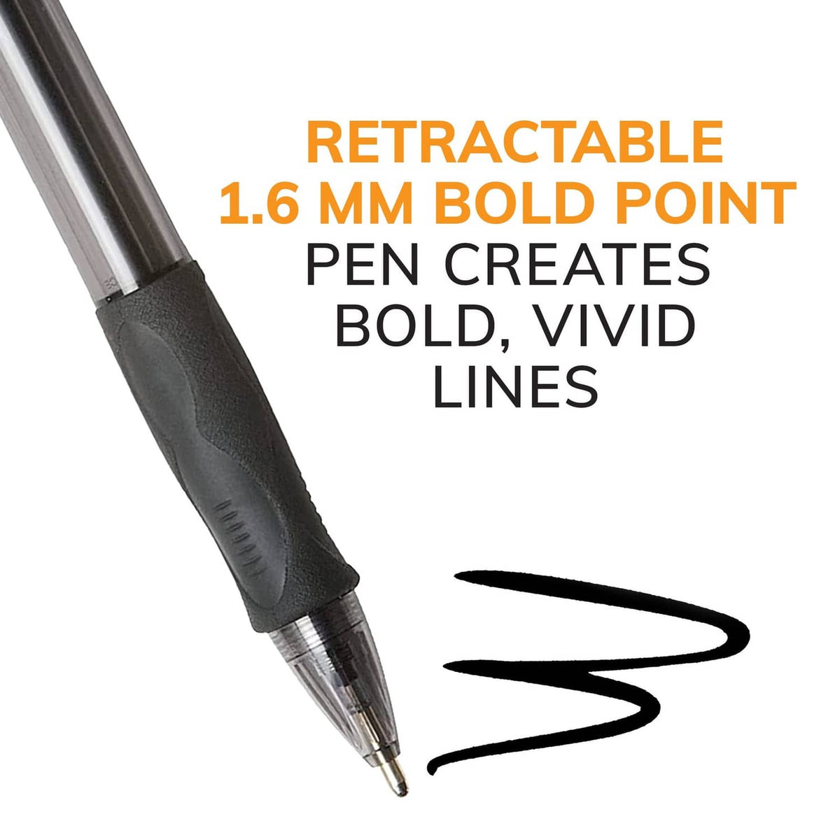 Close-up of a retractable black ballpoint pen tip creating a bold ink line.