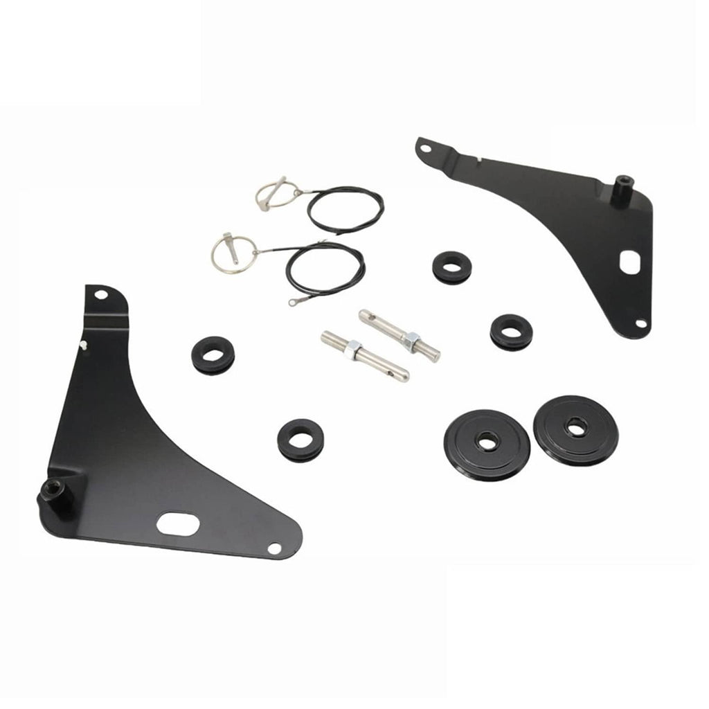 Hood pin mounting kit parts with black brackets, wires, and rubber washers