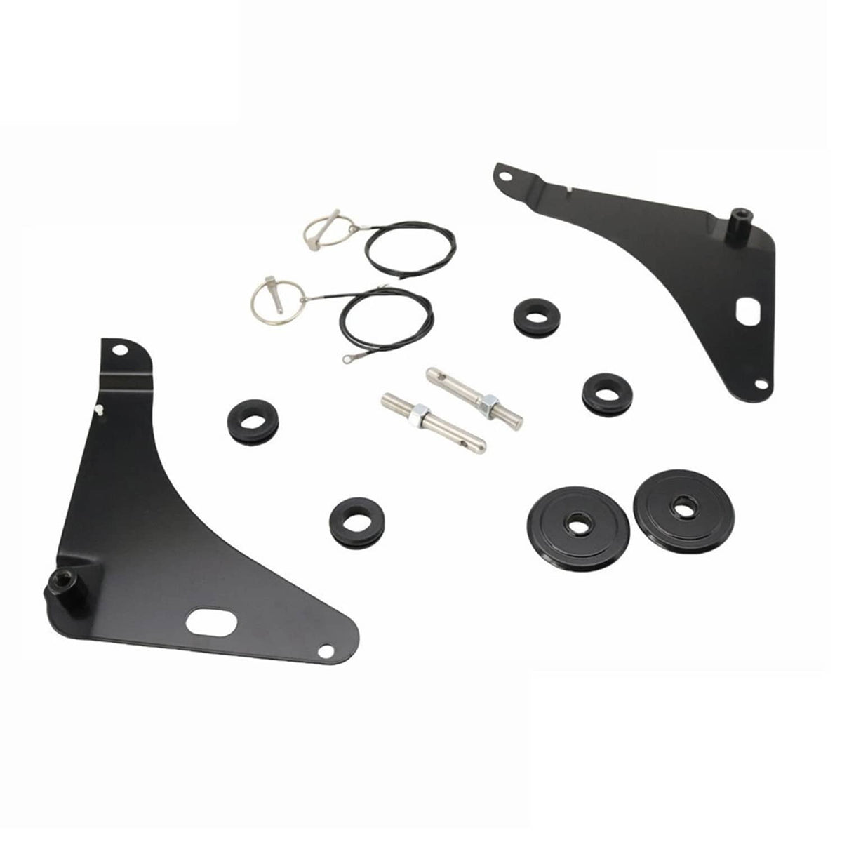 Hood pin mounting kit parts with black brackets, wires, and rubber washers