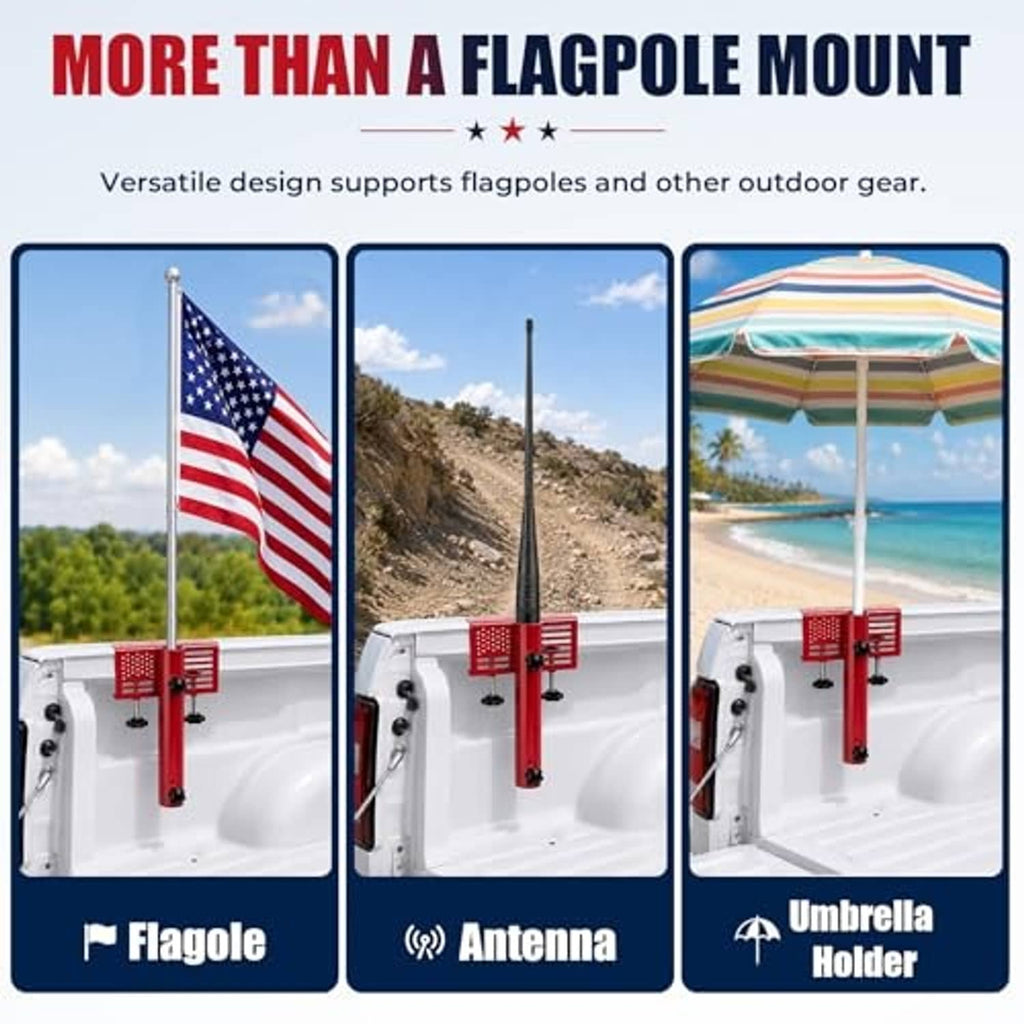 Red multi-use bed mount accessory bracket for flag poles, antenna, and umbrella holder
