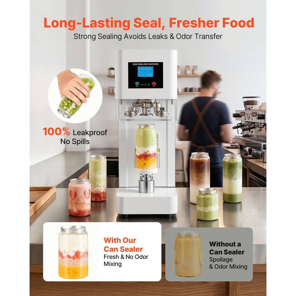 White automatic can sealing machine with can-sealing head and display over sample jars.