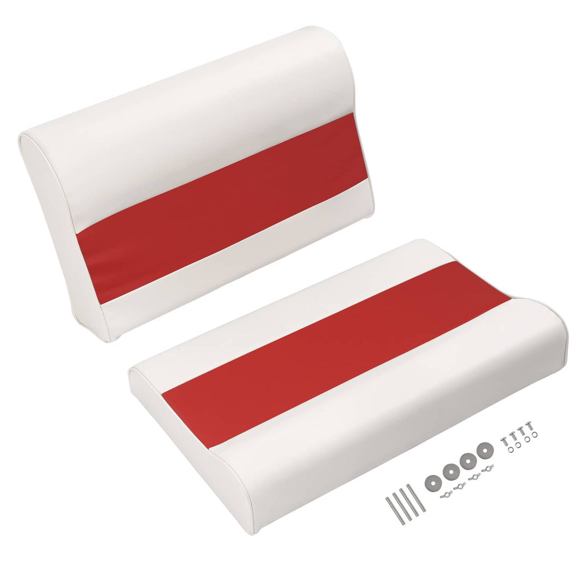 Boat pontoon bench seat cushion set, white with red stripe, angled seat bottom and back