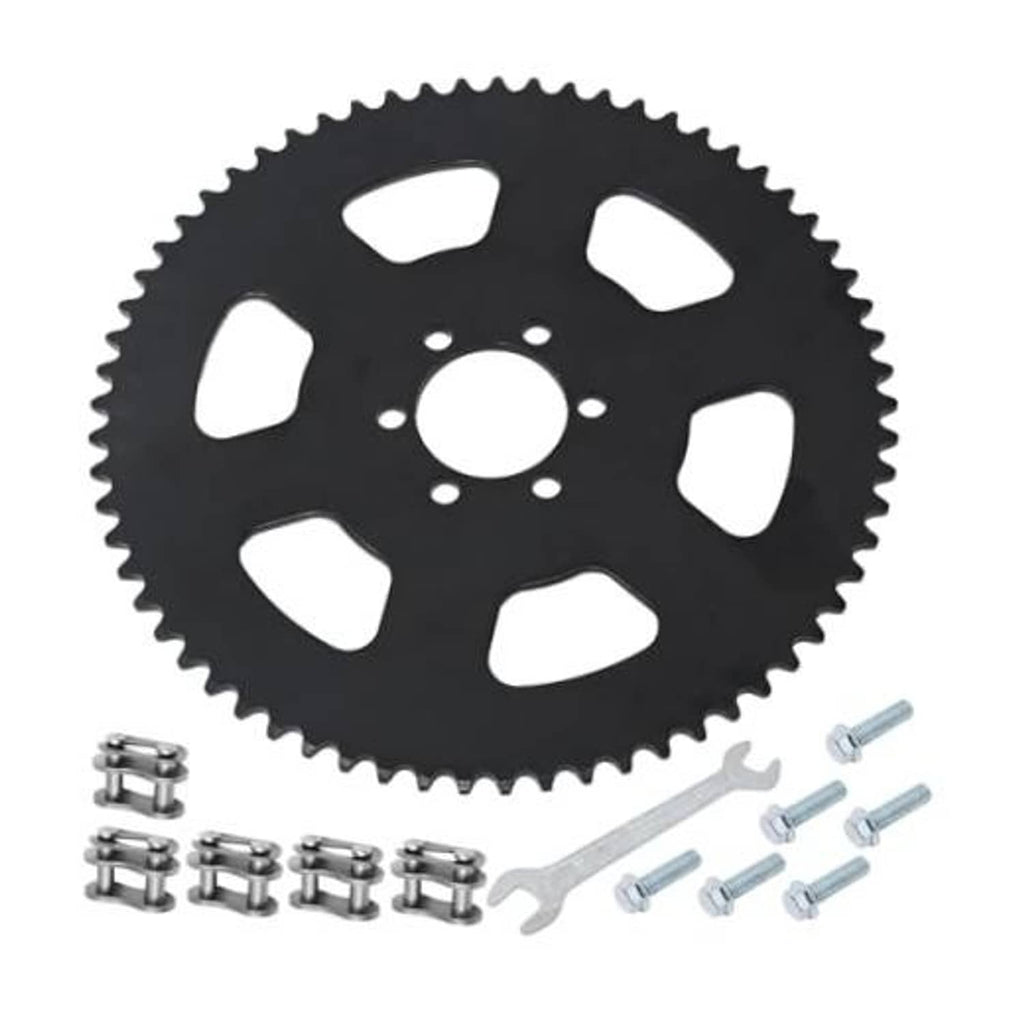 Black 65-tooth rear chain sprocket with center bolt holes and mounting plate