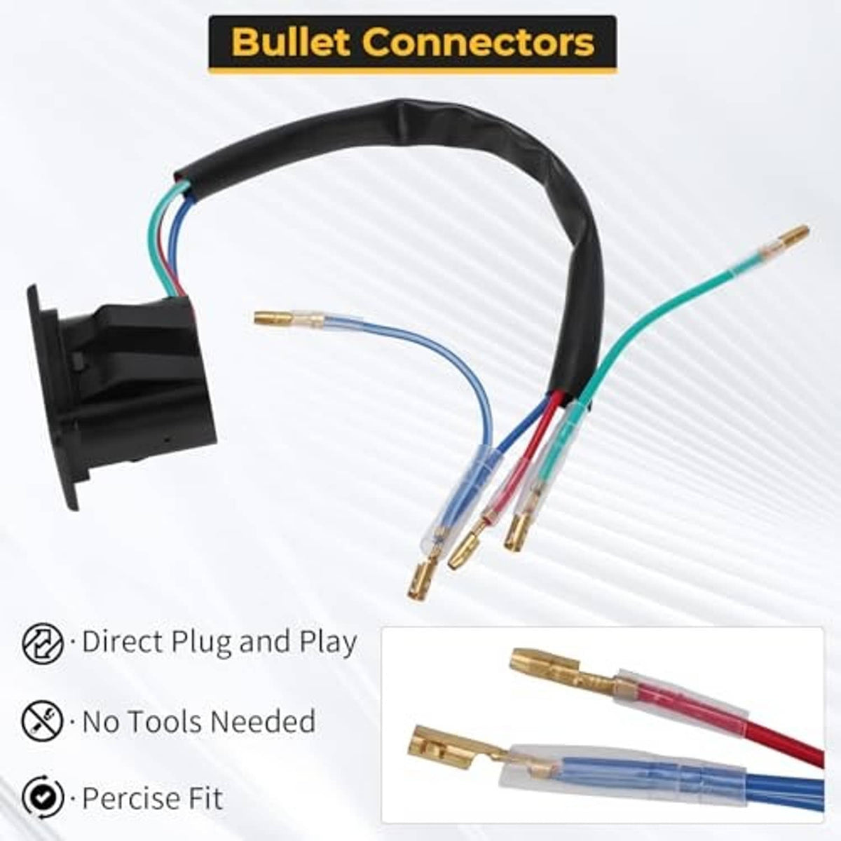 Tilt switch with plug connector and multicolor wires with brass bullet connectors