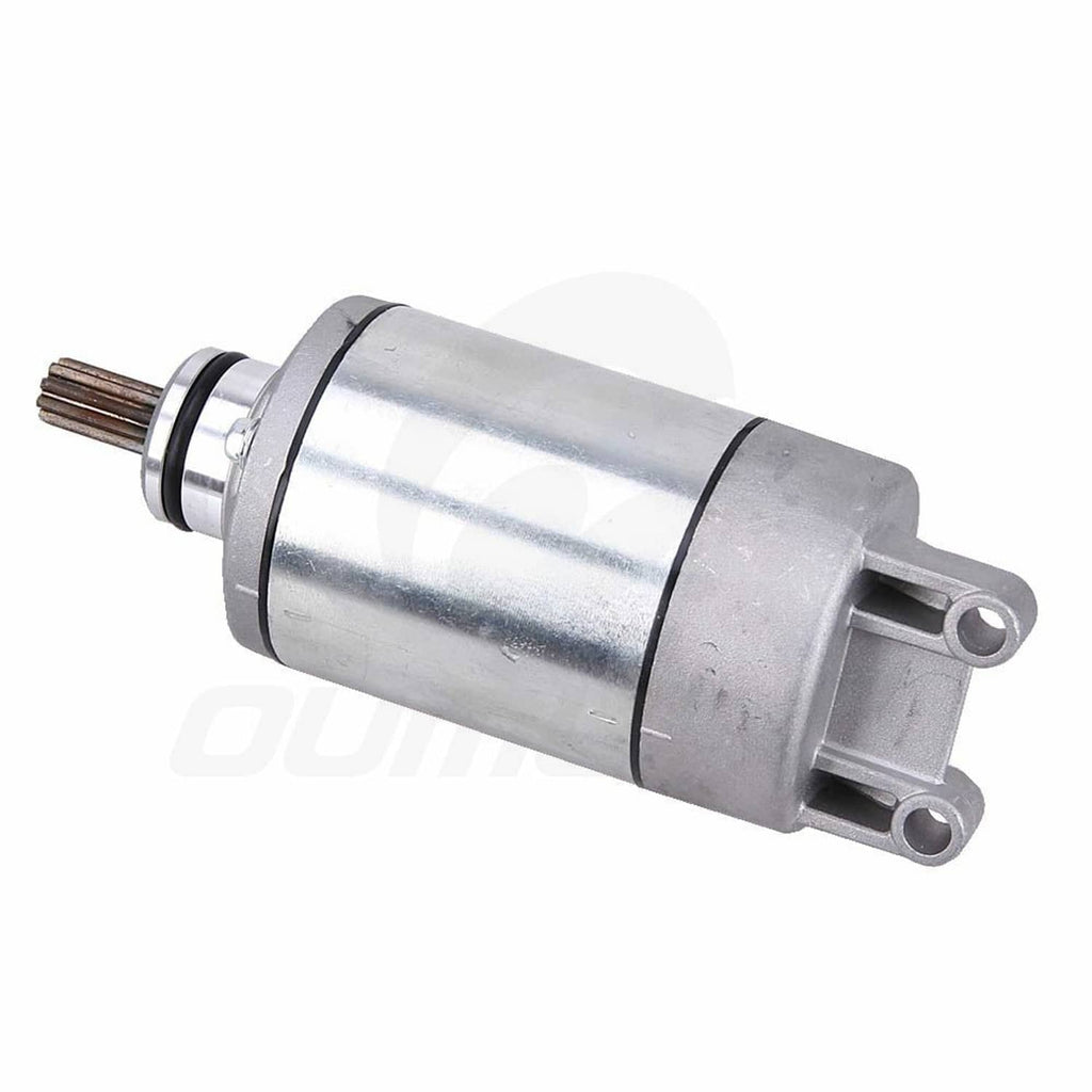 Starter motor angled side view with pinion shaft and front bracket, silver metal