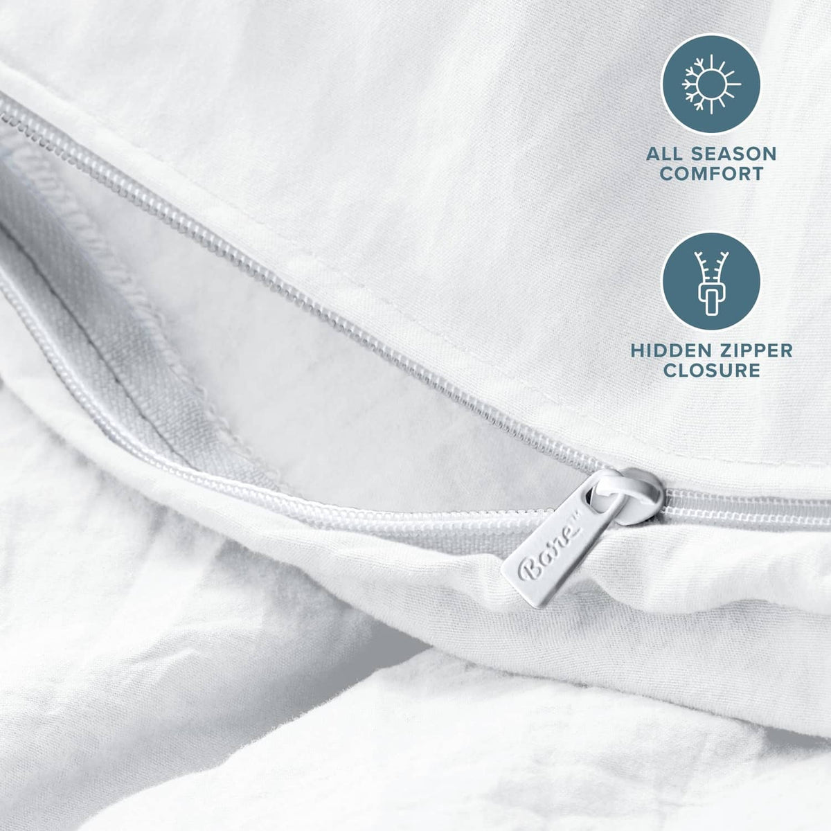 White duvet cover close-up of hidden zipper on seam edge