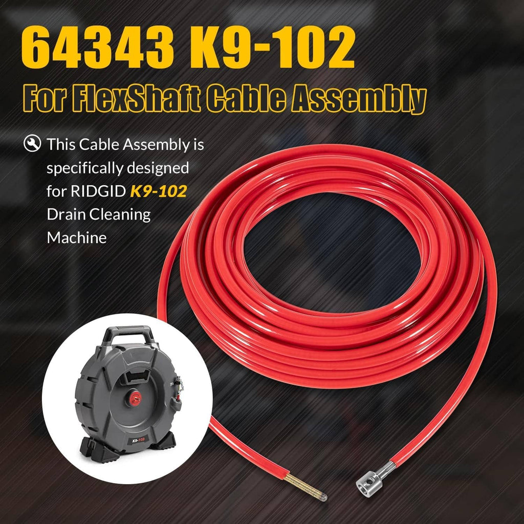 Red coiled cable with metal fittings and connectors for drain cleaning machines