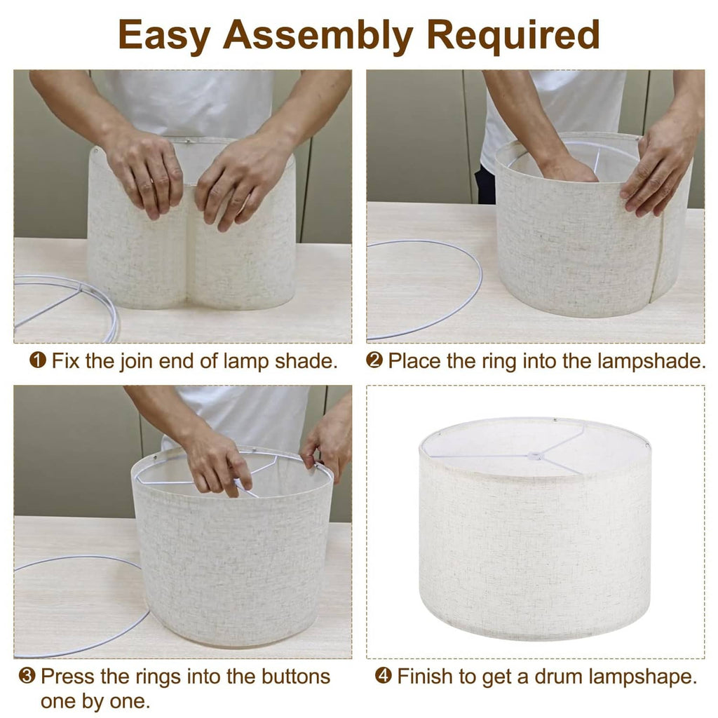 Drum lamp shade assembly steps with top ring and button fastening shown