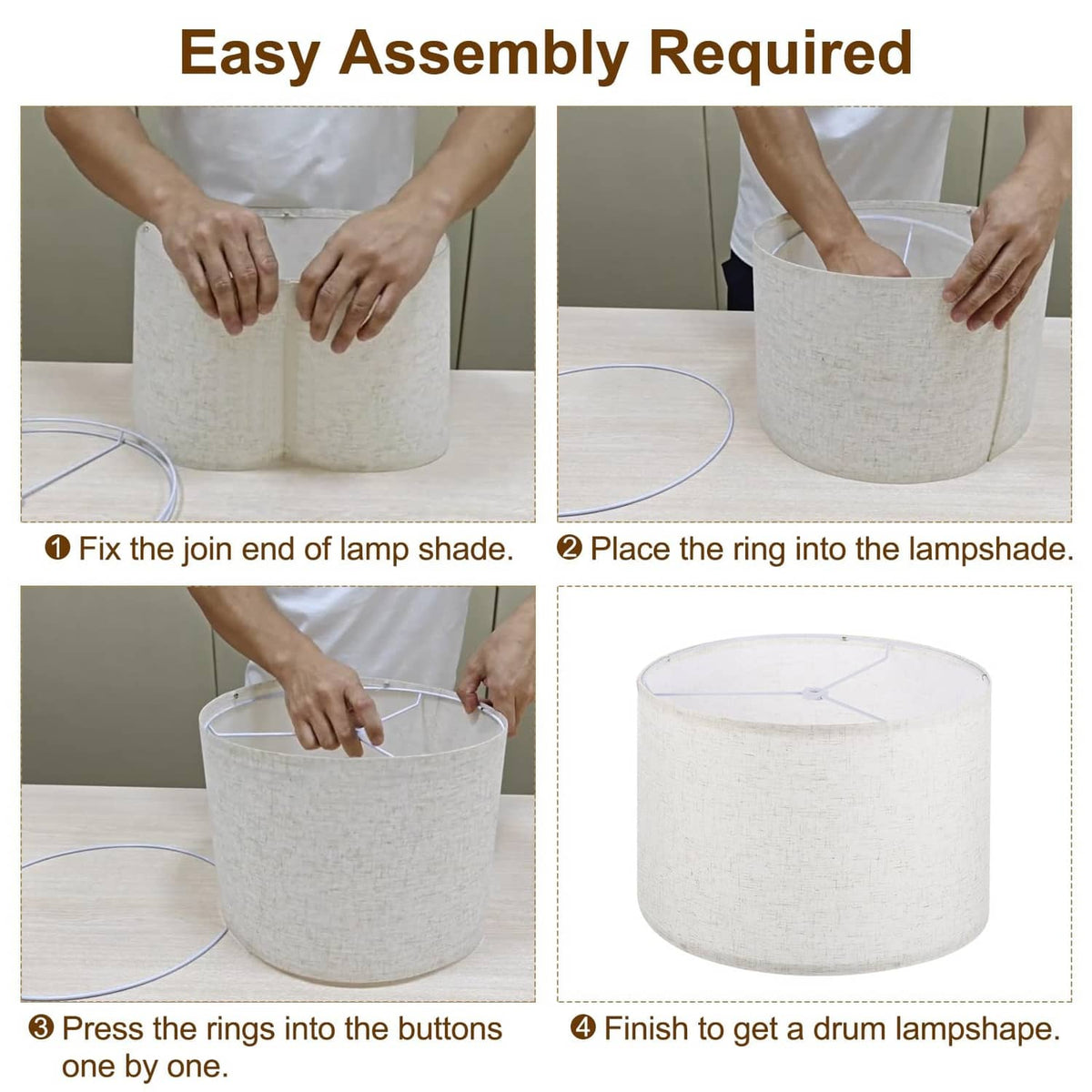 Drum lamp shade assembly steps with top ring and button fastening shown