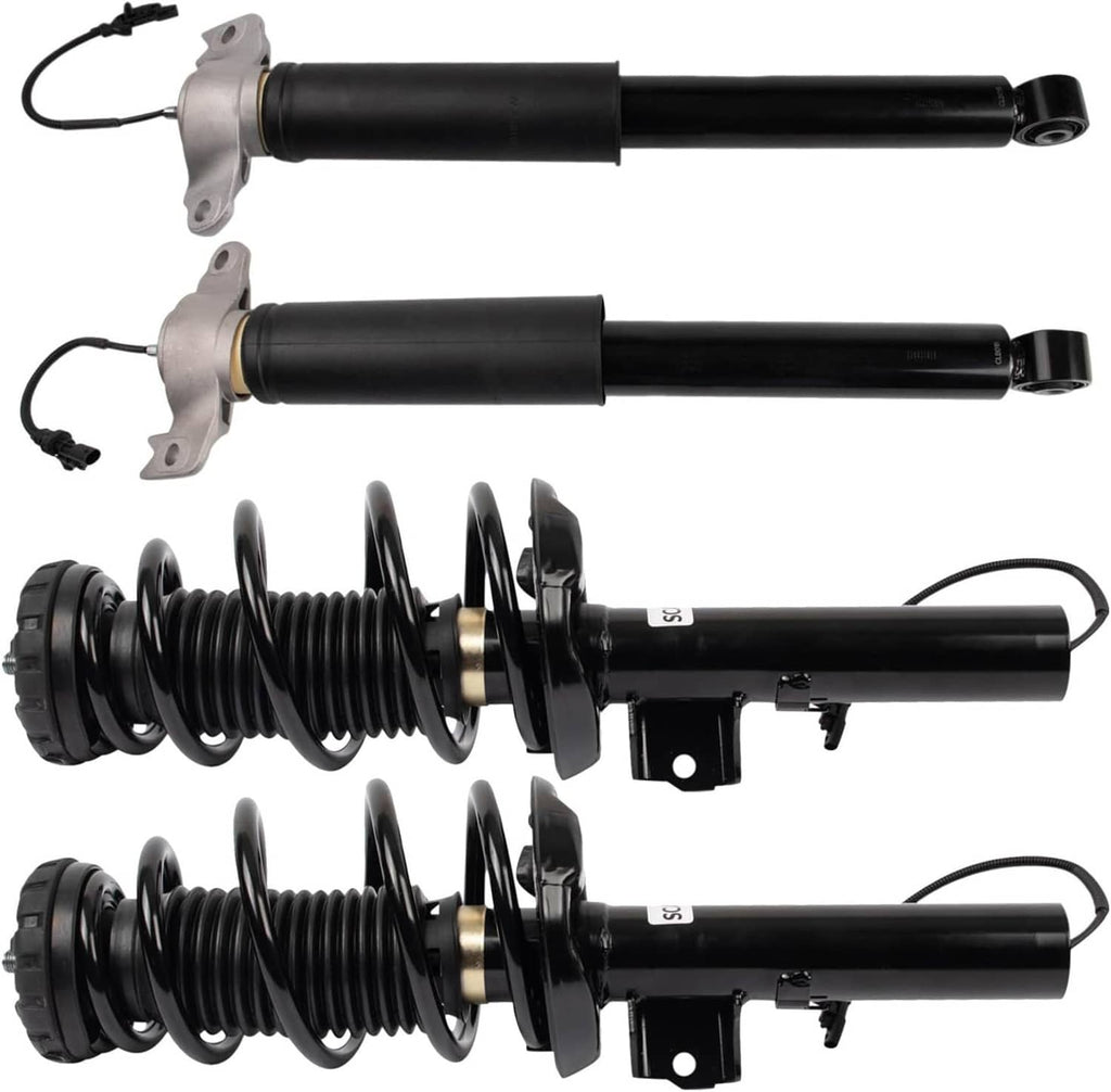 Front and rear shock strut assemblies with black dampers, coil springs, silver mounts