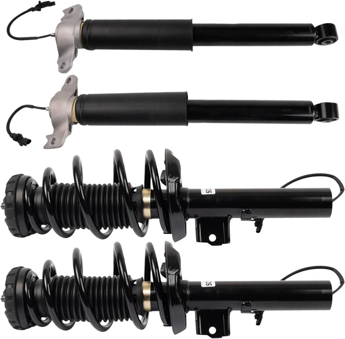 Front and rear shock strut assemblies with black dampers, coil springs, silver mounts