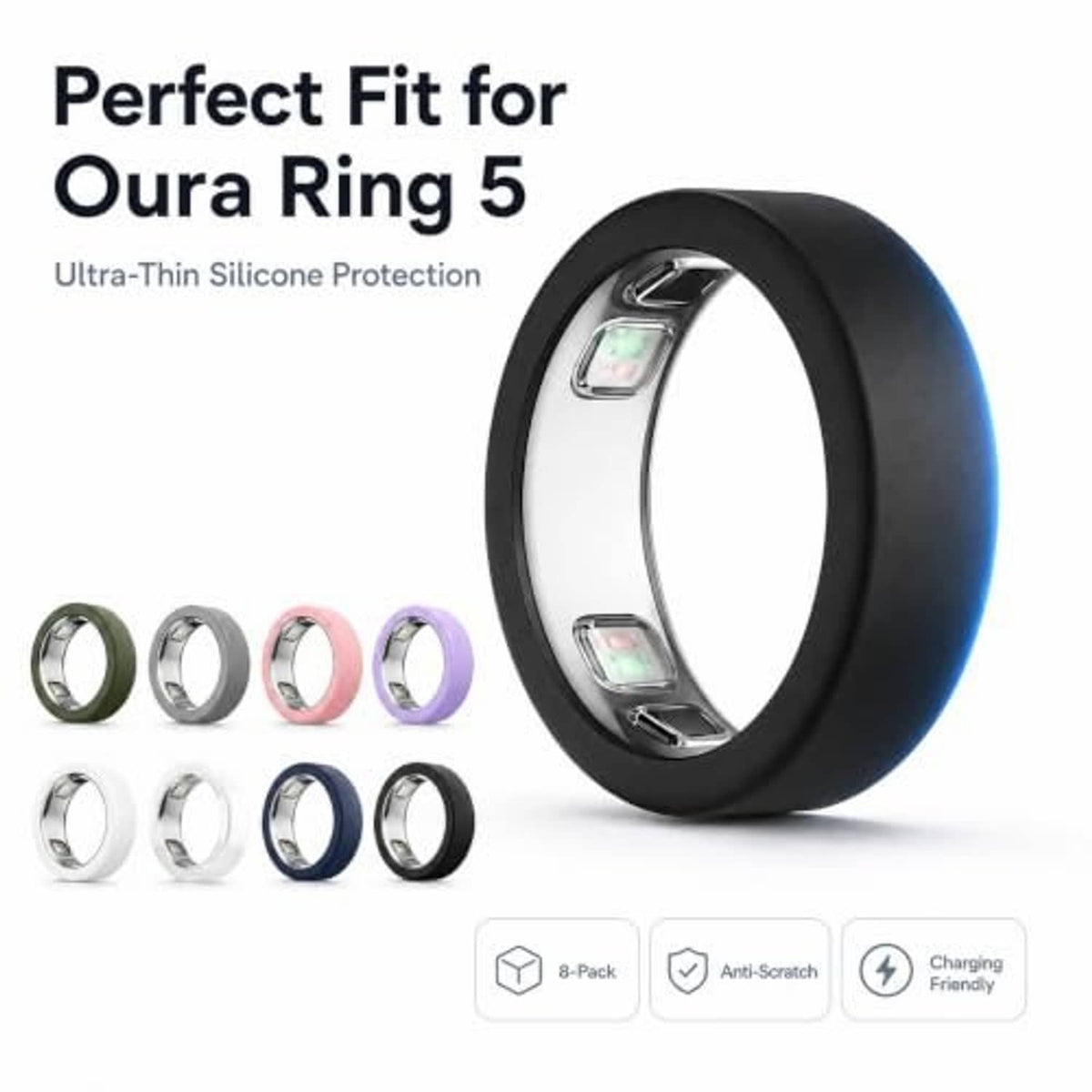 Black ultra-thin silicone ring cover with inner sensor openings for secure fit