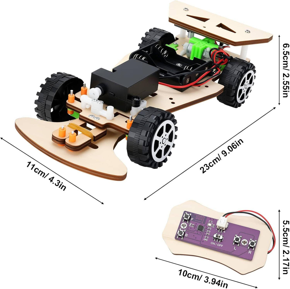 Wooden racing car STEM kit with measurements and purple remote control PCB