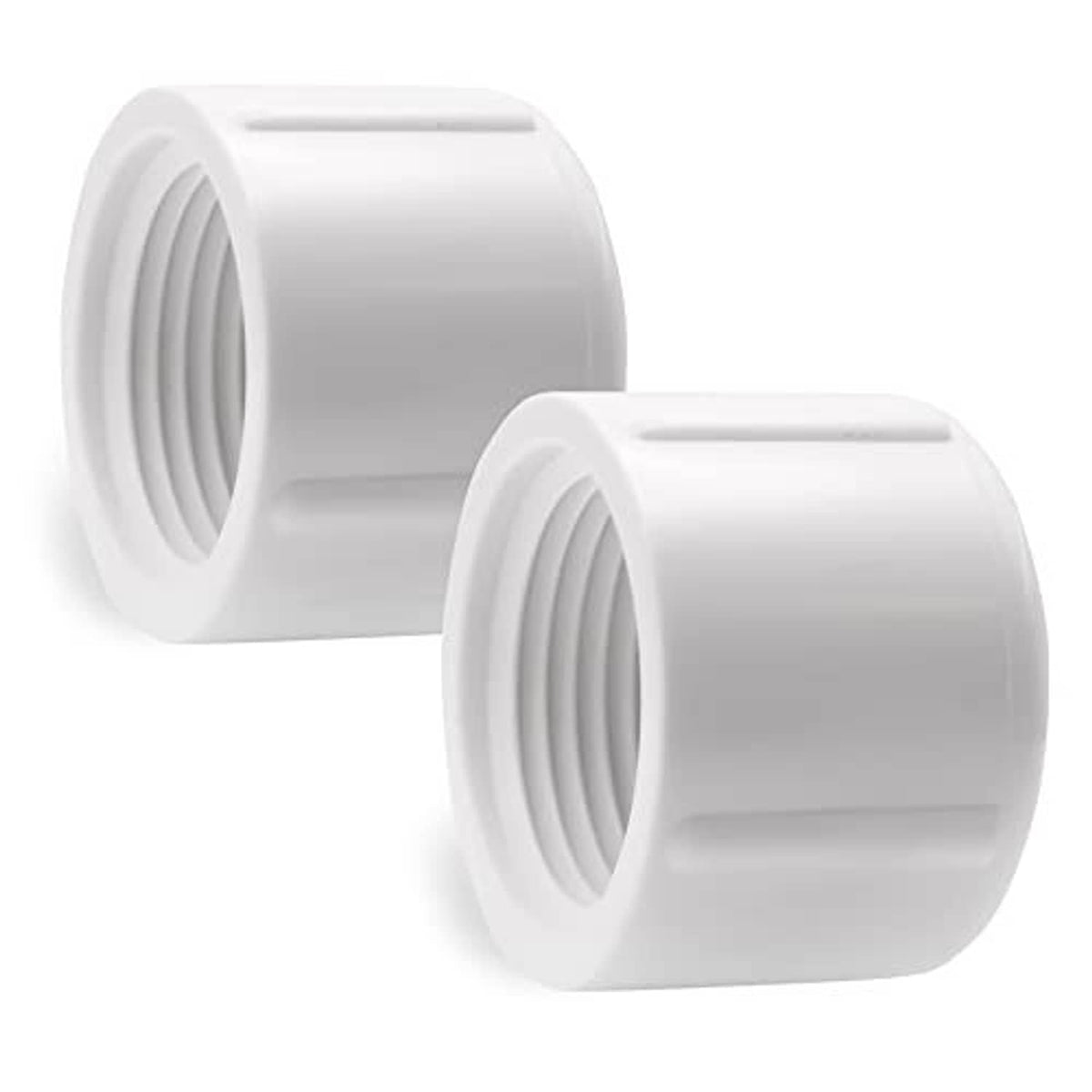 White PVC female pipe caps, 1/2 in FNPT, two-pack, open ends with ridged threads