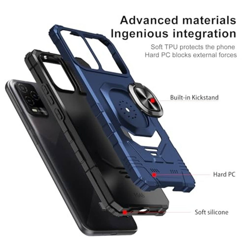 Blue rugged phone case with textured back, built-in ring stand, and port openings