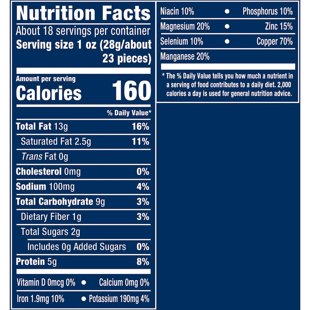 Nutrition facts panel for salted whole cashews with calories and fat details