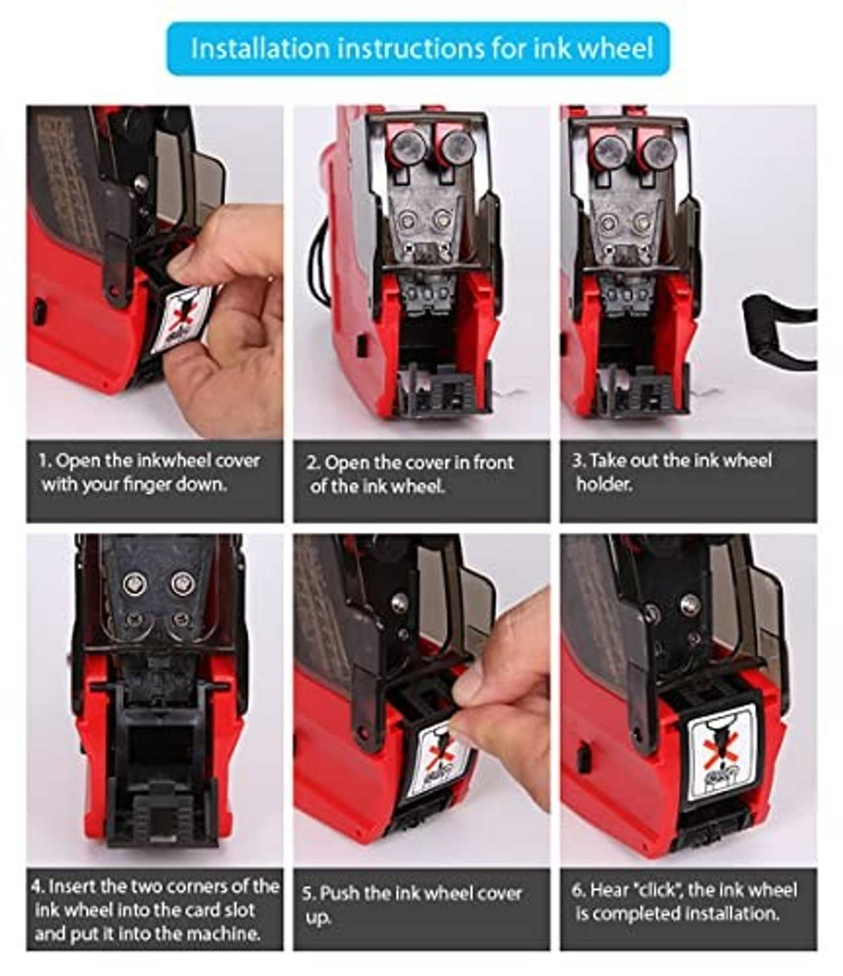 Red price label gun ink wheel installation instructions with open ink wheel cover