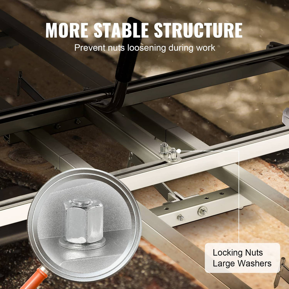 Chainsaw mill guide rail with locking nuts and large clamping knob close-up