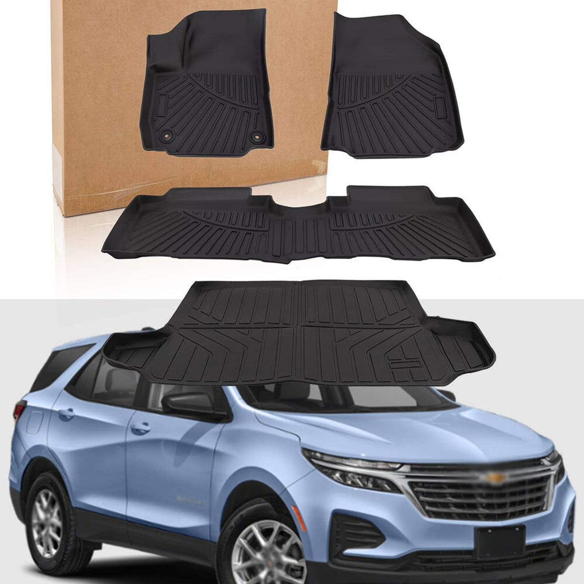 Black TPE floor mats and cargo liner set laid out with textured anti-slip tread